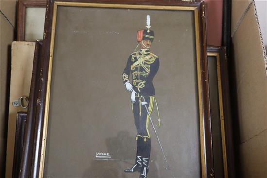 A group of assorted paintings and prints including four military caricatures by Lance